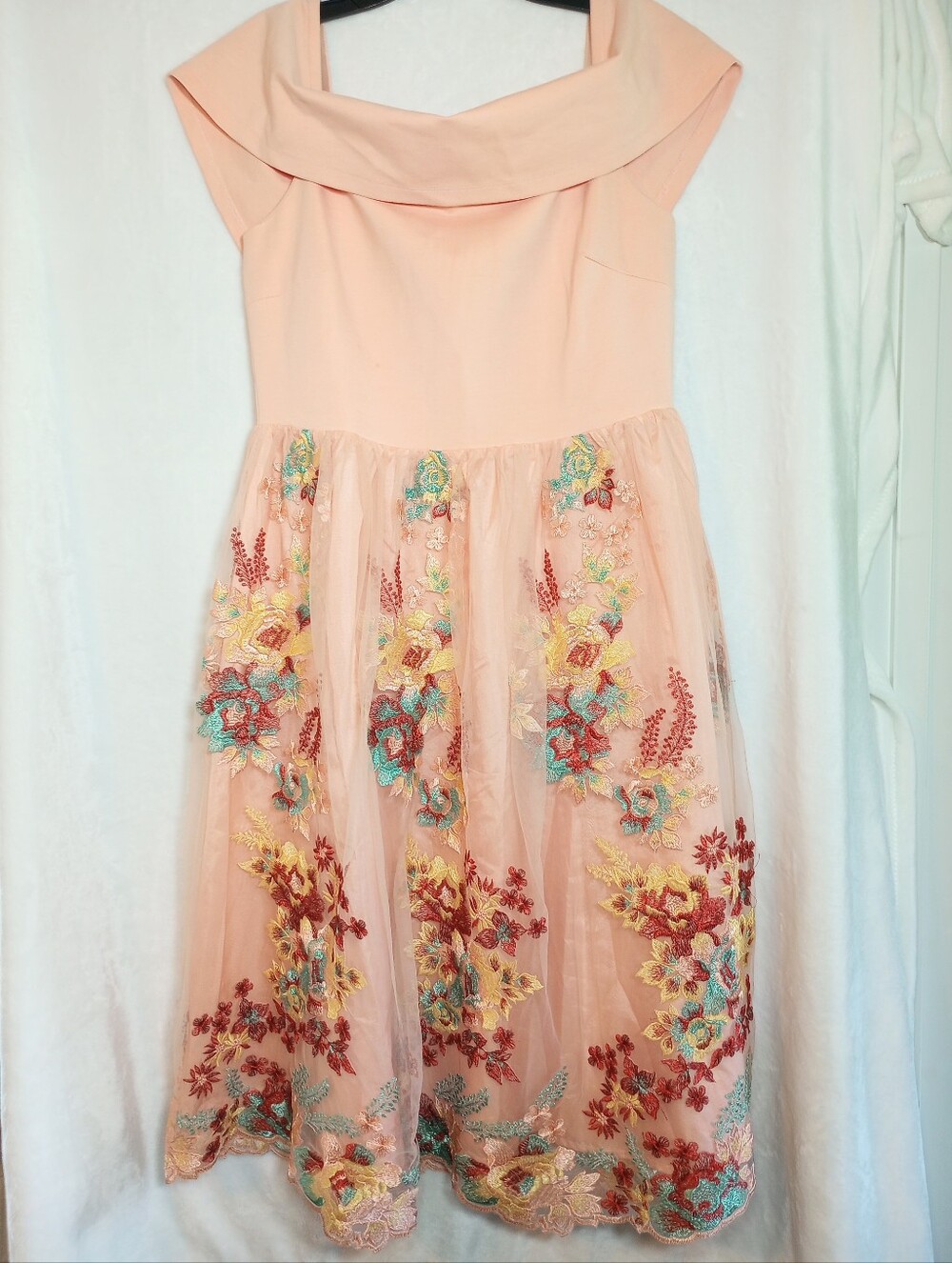 GIANNI BINI Floral Embroidered Tulle Overlay Dress Laura Off Shoulder Fairycore
